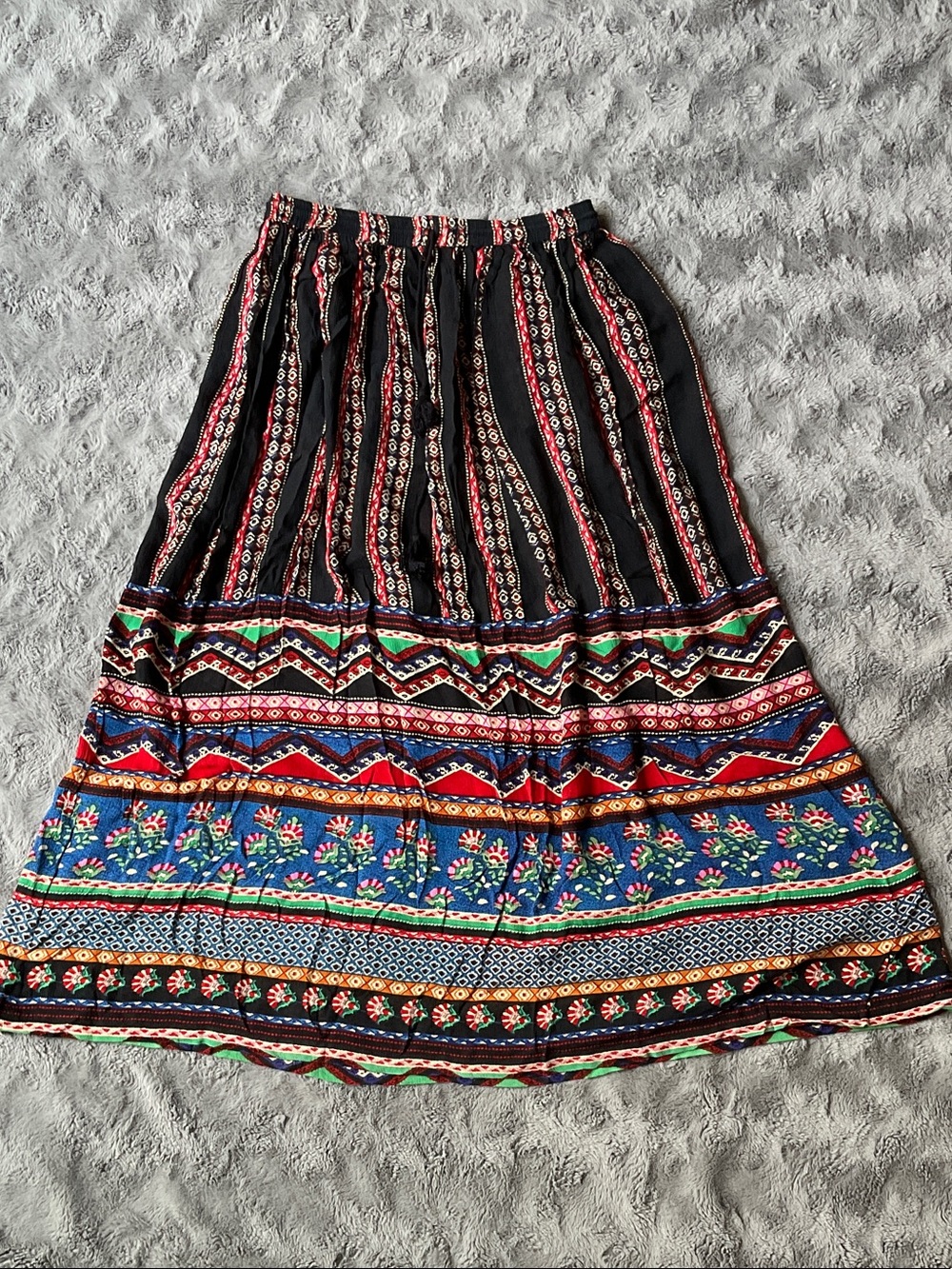 Boho Maxi Skirt in Black with Multicolor Folk Print